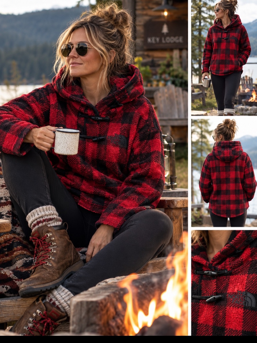 The North Face bold Buffalo Plaid Hooded Fleece Pullover Women’s Large